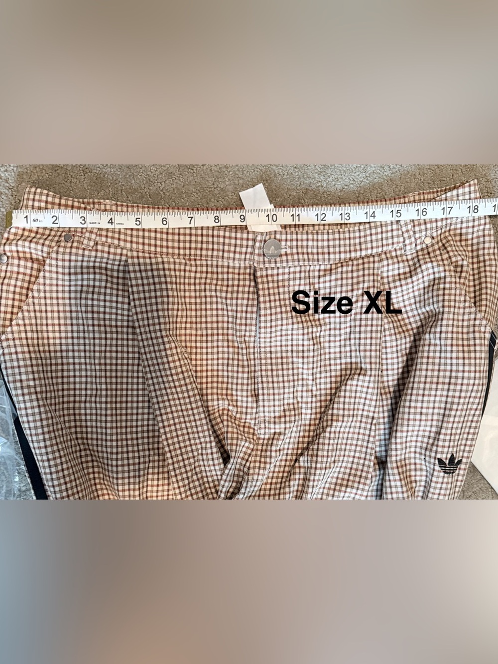 adidas Tan Brown Checked Wide Leg Pants with Black Side Stripes - Picture 3 of 8